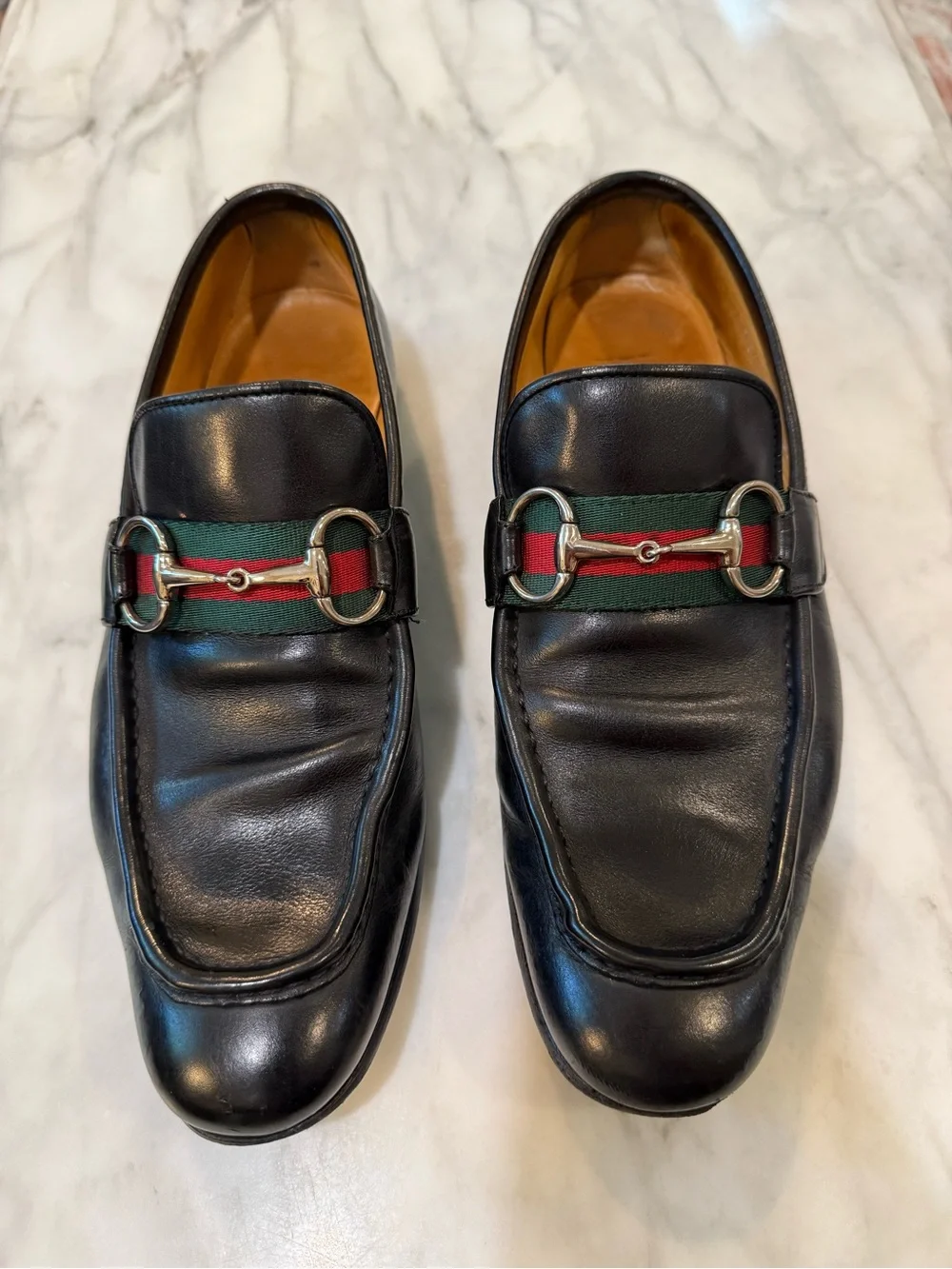 Vintage Gucci Horsebit Loafers Black Leather Web Stripe Mens 41 Italy